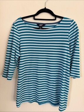 Lands' End Teal and White Striped Boatneck 3/4 Sleeve Top